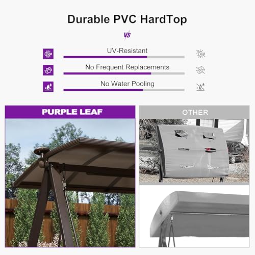 Image of PURPLE LEAF 3-Seat Porch Swing with Adjustable PVC Canopy Metal Patio Bench Glider Swing Bed Outdoor Swing Chair with Stand and Side Cup Holder for Outside Garden Porch, Cushion and Pillows Included