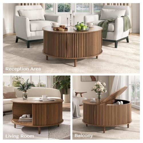 Image of JOINICE 31.5 inch Round Coffee Table with Storage for Living Room, Walnut | Hidden Storage,Fluted Sliding Door,Mid Century Furniture for Small Apartments,Solid Wood Legs,Easy Assembly,Up to 110 lbs