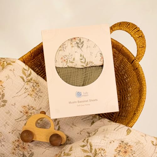 Image of lulumoon Baby Bassinet Sheets Muslin: Soft Fitted Bassinet Sheets Floral for Girls - Fit for Oval Rectangle or Hourglass Mattress
