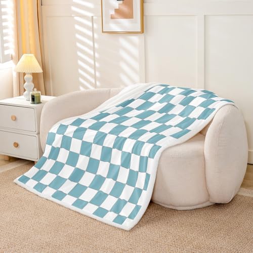 Image of Erosebridal White Blue Checkered Boys Throw Blanket 40 inchX50 inch Buffalo Plaid Grid Kids Fleece Bed Blanket Teen Men Checkerboard Sherpa Blanket Aesthetics Gingham Flannel Blanket