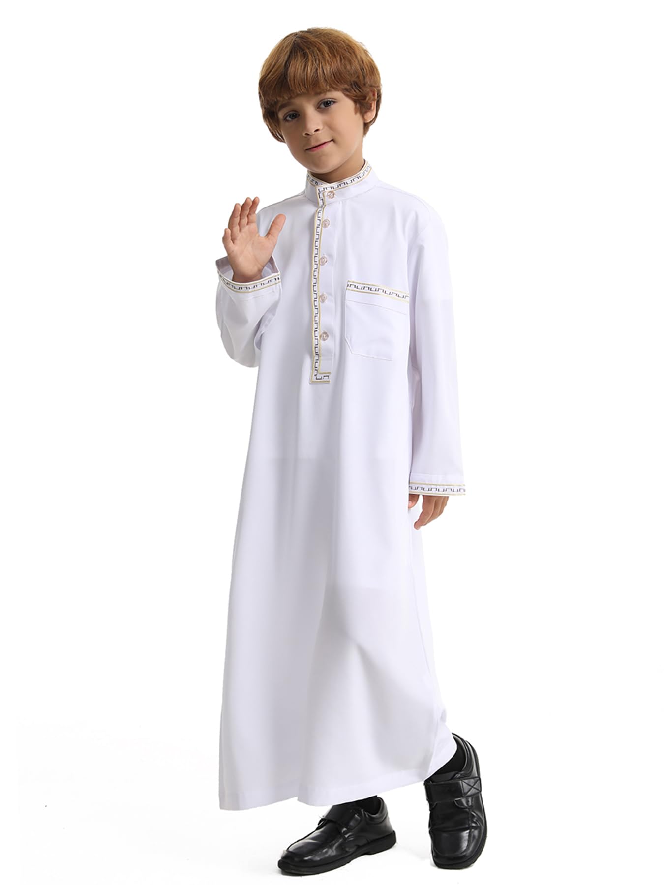 Qianliniuinc Robe islamique à col rond pour garçon - Manches longues - Robe musulmane avec poches