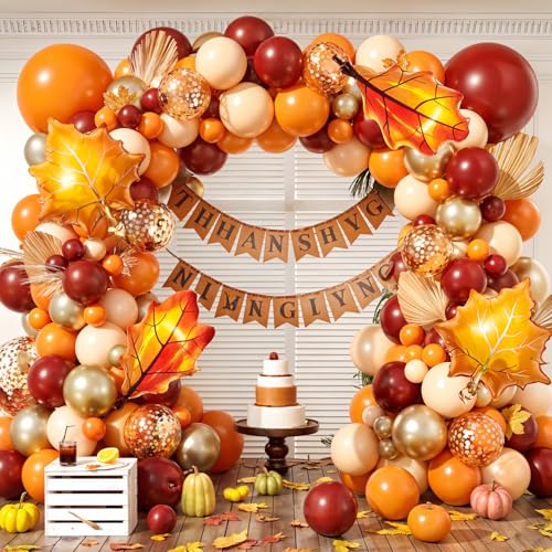 Image of Orange Balloon Arch Kit Fall Thanksgiving Garland with Leaf Foil Ballons