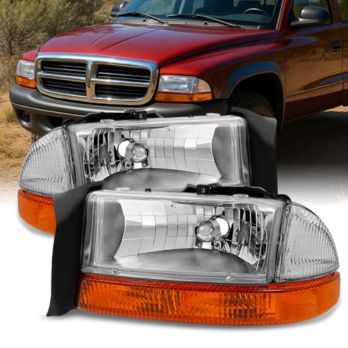 AKKON - Fits 1997-2004 Dodge Dakota | 98-03 Durango Chrome Driver Left + Passenger Right Side Headlights +Signal Lamp Pair Set