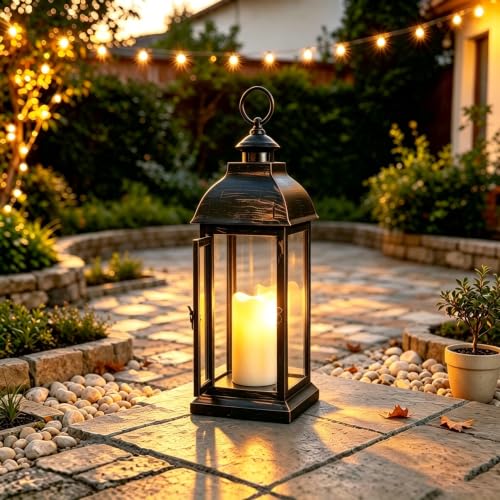 yucanucax Decorative Lantern with flameless LED Candle Light, Outdoor/Indoor LED Lantern, The Door-Open H16 Decorative Lantern,Timer Candle,Plastic with Bronze Undertones.USE 2C Battery(not Include)