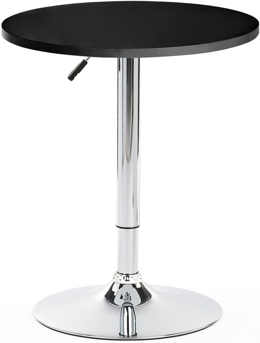 Displays2go Modern Hydraulic Bar Table, 23.5 Inch Round, Aluminum/Wood, Adjustable Height – Black (BRTBLA1B)