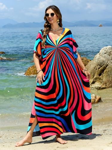 Image of sunforyou Kaftan Dresses for Women Plus Size Lightweight Swimsuit Cover up Batwing Sleeve Print Loungewear Beach Robe