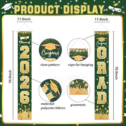 Image of 2026 Graduation Porch Sign Banner Green Gold | Class of 2026 Congrats Grad Porch Sign Banner Hanging Flag Graduation Party Decorations for School College Classroom Decor