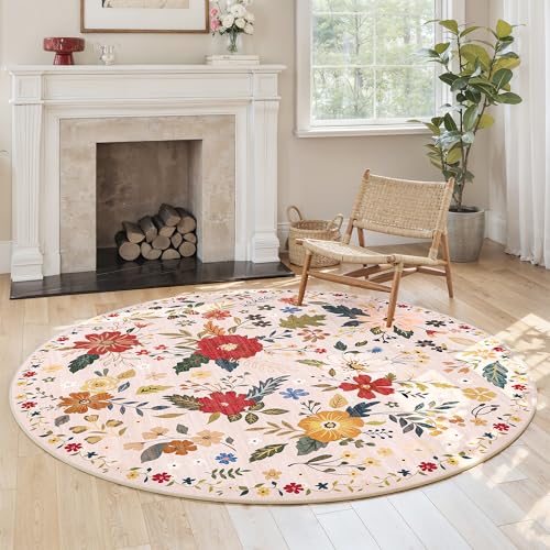 Tapete redondo beige 5 pies floral antideslizante lavable miniatura 1