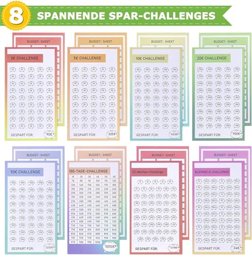 [24er Set]- LVZONGXIN A6 Sparchallenge Budgetplaner- 8 Sparchallenges - Budget Planner Deutsch Zubehör - Spar Challenge Set mit 2€ | 5€ | 10€ | 20€ | 50€ | Kleingeld | 52 TAGE | 100 TAGE