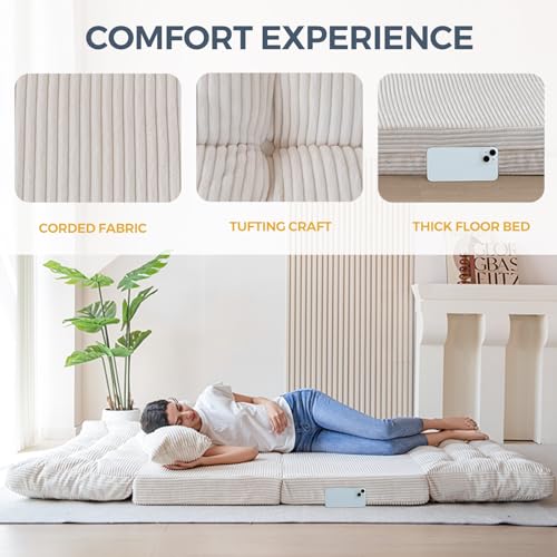 Image of MAXYOYO Folding Sofa Bed, Tufted Bean Bag Bed with Pillows Floor Couch for Adults, Extra Thick and Long Floor Sofa, Twin Floor Couch Bed for Bedroom Living Room, Beige, 39x91 Inch