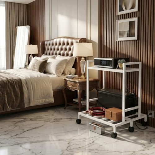 Image of 2-Tier Double Battery Stand with Wheels - Heavy Duty White Metal UPS Trolley for Inverter & Battery Storage, Durable & Space-Saving Design (White)