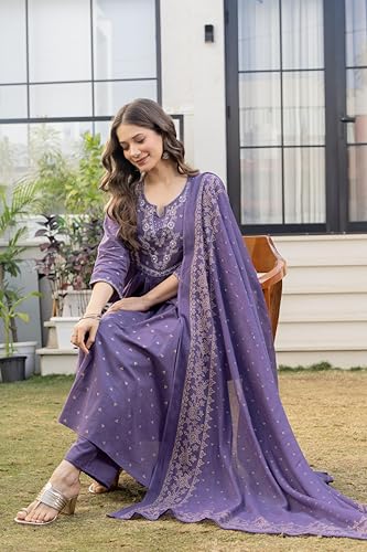 Image of PARTHVI Women's 100% Pure Cotton Anarkali Kurta Set with Pant & Dupatta | Embroidered Flared Kurta | Elegant Ethnic Suit