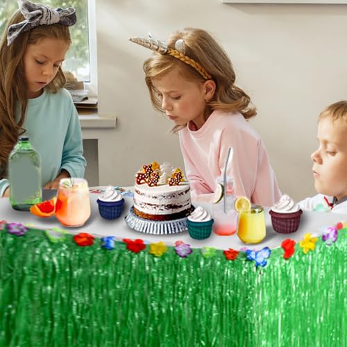 Jupe de table hawaïenne en herbe avec fleurs ornées pour décor tiki - 6