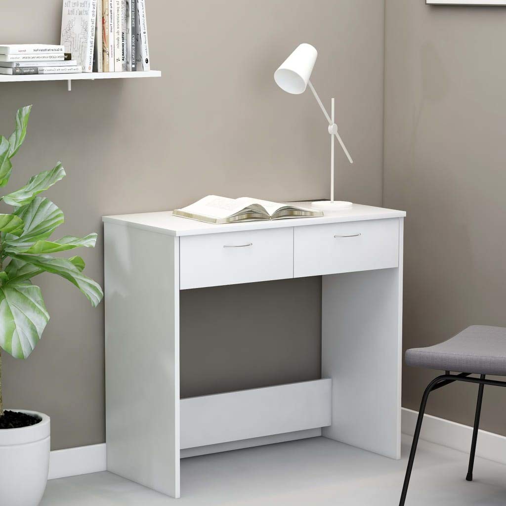Escritorio blanco 80 x 40 x 75 cm, moderno escritorio para ordenador de madera con 2 cajones, mesa de trabajo compacta para oficina en casa, habitación juvenil y espacios pequeños