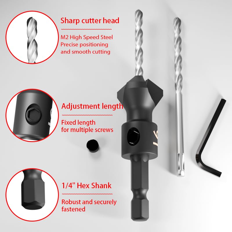 Miniatura 3 de Juego de brocas avellanadas, brocas cónicas, juego de brocas avellanadas, vástago hexagonal de 14 de pulgada, cambio rápido para carpintería, juego