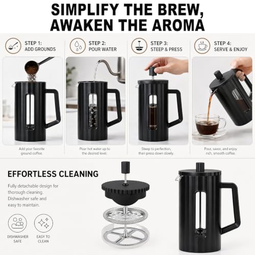 Kaffeepresse 1000ml, French Press Schwarz – Bild 2