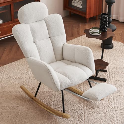 Image of FOXHUNTER Rocking Chair Nursery, Teddy Glider Rocker with Adjustable Headrest and Footrest, Upholstered Rocker Recliner Chair for Living Rooms Bedrooms Offices, Teddy Ivory