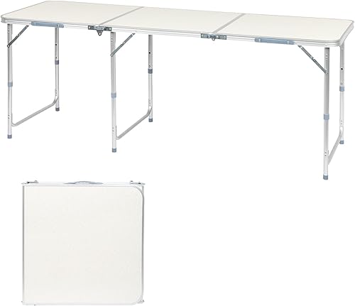 Vista 10 de WEI WEI GLOBAL Mesa plegable de aluminio, mesa de campamento multiusos para picnic, mesa rectangular portátil y ajustable, color blanco