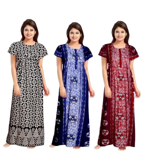 Image of Nighty for Women Cotton Printed Maxi Gown Ankle Length Nighty Night Dress Gown for Women Maxi - (Pack of 3)