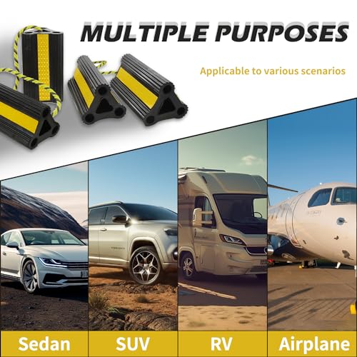 Vacallity Upgrade Rubber Wheel Chocks for Travel Trailers Camper RV Truck Car, Sturdy Heavy Duty Simple Easy to use,Tires Block Stopper Chock with Nylon Rope Yellow Reflective Tape(2set4pack)