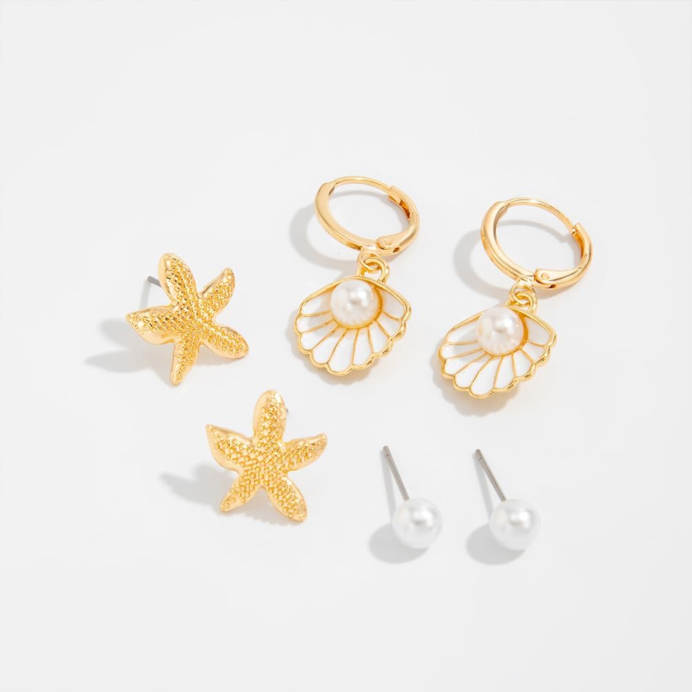 3Pair Boho Cute Gold Sea Star Shell Hoop Earrings for Women Statement Delicate Enamel Starfish Drop Dangle Earring Pearl Stud Beach Party Jewelry Gift - Image 7