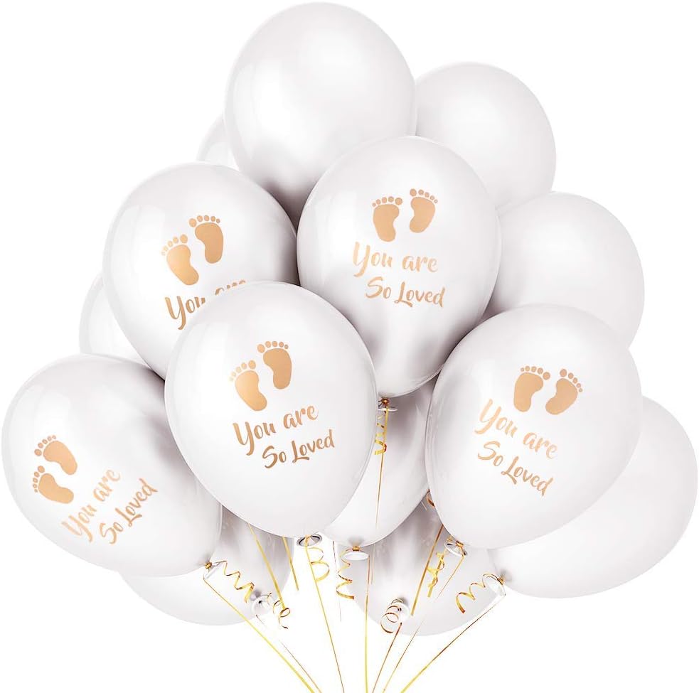 Set of 24 Newborn Baby Shower Helium Biodegradable Latex Balloon Gold Footprint White Paper Cocktail baptism Party for Neutral Gender Reveal Boy Girl You Are So Loved Ballon Party Invitation Photograp