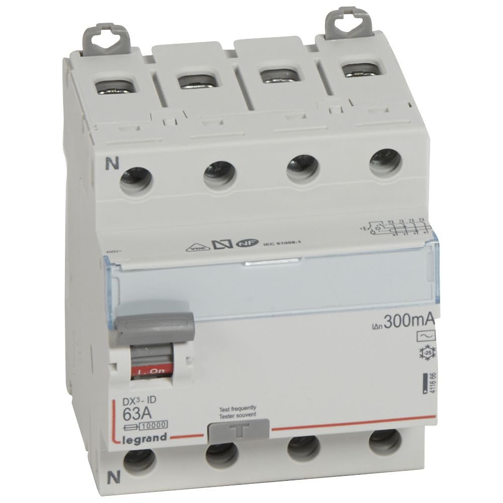 Legrand 411666 Interrupteur différentiel DX³-ID arrivée haute et départ bas à vis, 4P, 400V, 63A typeAC, 300mA, 4 modules