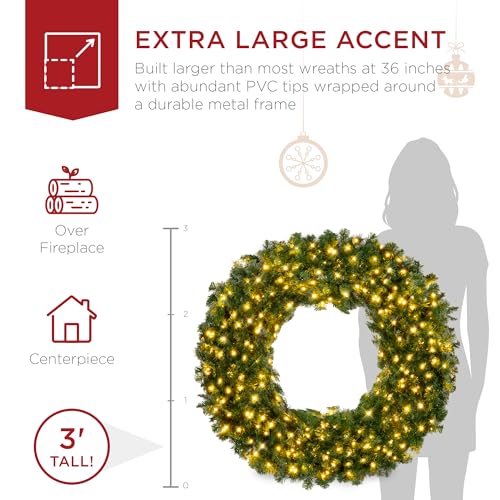 Image of Best Choice Products 36in Large Artificial Pre-Lit Fir Christmas Wreath Holiday Accent Decoration w / 150 LED Lights, 300 PVC Tips