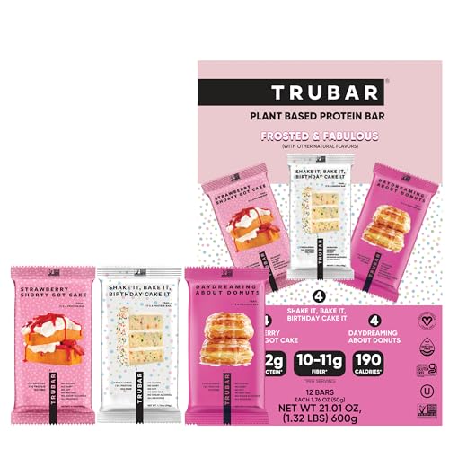 Image of TRUBAR Vegan Protein Bars, Frosted & Fabulous Variety Pack, Donuts, Strawberry Shortcake & Birthday Cake, Gluten Free, Plant Based, High Fiber, Dairy Free, On the Go Healthy Snacks, 12 Count