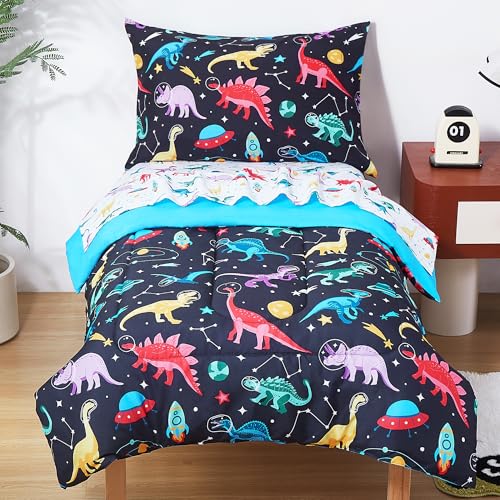 Image of lasoftan Toddler Bedding Set, Toddler Bed Comforter Sets for Girls, Toddler Bed Set, Space Dinosaur Printed