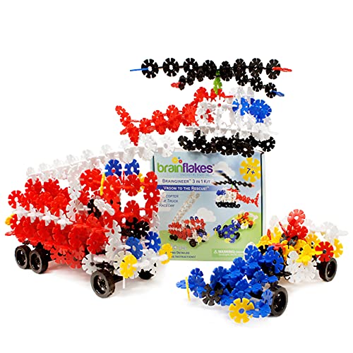 Brain Flakes 3-in-1 Building Kit with Detailed Step by Step Instructions - 580 Pieces to Build All 3 Vehicles - Wheel Pieces and Special Parts are Included - Ages 7 and Up