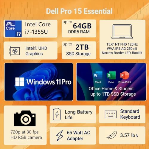 Image of Dell Pro 15 Business Laptop, 13th Gen Intel Core i7-1355U, 16GB DDR5, 1TB SSD, FHD 120Hz Display, WiFi 6, Windows 11 Pro
