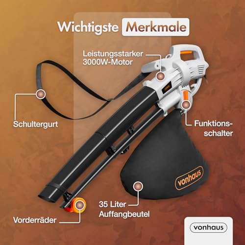 VonHaus Laubbläser 3000W, 3-in-1 Elektrischer Laubsauger mit Kabel für Garten, Terrasse, Einfahrt, usw. Saug-, Blas- und Häckselfunktion, 270 km/h Blasgeschwindigkeit, Fangsack 35L, Traggurt & Räder
