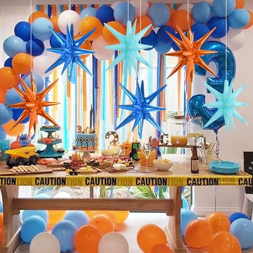 Image of TONIFUL 8 Pcs Blue Orange Explosion Star Foil Balloon Party Decoration | 22 Inch Large Mylar Star Balloons for Under the Sea Baby Shower Dogs Themed Birthday Summer Surf Beach Party Decor
