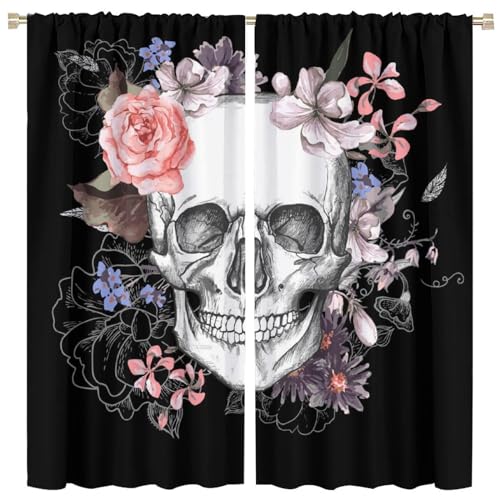 SENQIAN Rideaux crâne floral gothique Halloween, 42x84 po