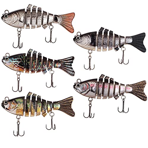 Fishing Lures Kit,Pack of 5 Lifelike Fishing Lures for Bass Trout Segmented Multi Jointed Swimbaits Slow Sinking Swimming Lures Fishing Gear Accessories for Freshwater Saltwater
