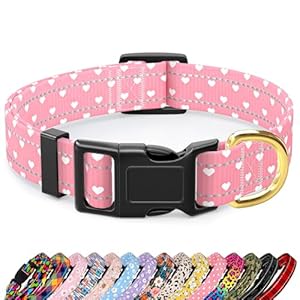 Reflective Dog Collar for Extra Small Dogs, Cute Adjustable Heavy-Duty Nylon Puppy Collars for Boy and Girl Female, Soft Pet Accessories with Quick Release Buckle, Neck 8-12″, Pink Hearts