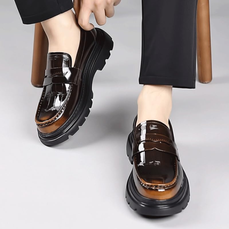 Thick Sole Loafers Shoes Men's Heightening Breathable British Casual Leather Shoes Non Slip Rubber Sole Slip-On Walking Shoes for Men2