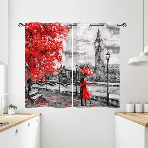 ANHOPE Rideau Occultant Londres Big Ben Rouge Arbre Tenture Opaque à Oeillets Lot de 2 Rideau Thermique Isolant Draperies Intérieurs pour Maison Chambre Salon Fenetre L 60 x H 120 cm