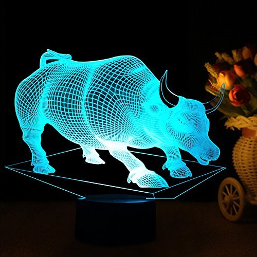 3D Optical Illusion LED Night Light - 16 Color Changing Cattle Bull Lamp With Remote, USB Power, Touch Control