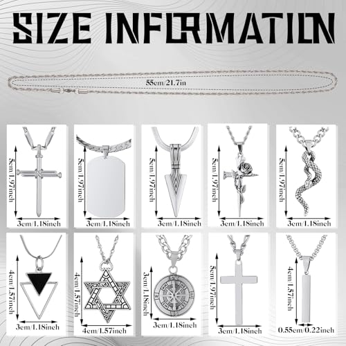 Patelai 20 Pcs Stainless Steel Necklaces for Men Sliver Cross Hexagram Chain Pendant Nail Rose Snake Pendant Chain Necklace Set for Men4
