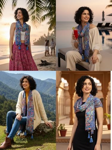 Image of KE KANHA EXPORTS Scarf for Women Boho | Border Print Stylish | Stole for Women Breathable Summer Beach Wrap with Tassels | Multicolour |180 x 50 cm FREE Scrunchie Included