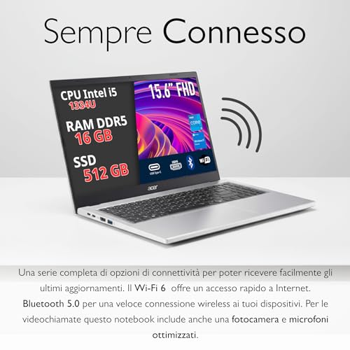 Acer Aspire Go 15 Pc Portatile I5-1334U, 16GB Ram DDR5, 512GB Ssd, Notebook, Computer Portatile Con Wi-Fi 6, Bt 5.0, 2X USB-C, Display 15.6" Full Hd, Laptop Ideale Per Ufficio, Studenti E Casa - 4