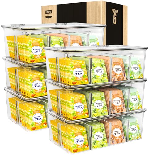 Utopia Home Tea Bag Organizer - Stackable Tea Bag Storage Organizer with Clear Top Lid- Tea bag holder For Counter tops, Kitchen Cabinets, Pantry, Sweeteners (Clear, Pack of 6)
