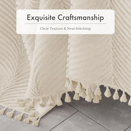 Image of AmazerBath Boho Farmhouse Shower Curtain with Tassels, Soft Cloth Beige Shower Curtain Set, Herringbone Chevron Minimalist Fabric Rustic Shower Curtain with Hooks, Hotel Quality, 72x72 Inches