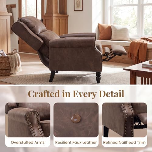 Image of Leather Recliner Chair, Pushback Recliner Chair with Adjustable Backrest Footrest, Mid Modern Reclining with Overstuffed Arms Lumbar Support for Reading, Living Room, Coffee Brown