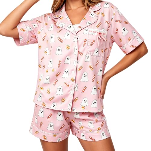 Image of Women Holiday Satin Pajamas Short Sleeve Shirts Shorts Set 2pc Loungewear