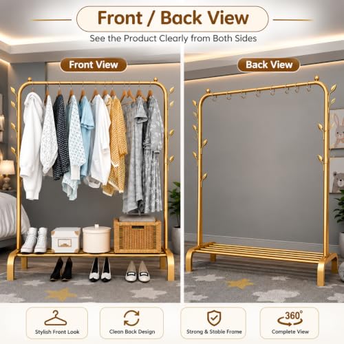 Image of Metal Multifunctional Heavy-Duty Quality Garment Stand Cloth Rack Freestanding Storage Organizer with Bottom Shelves Adjustable Folding Single Pole for Living Room (Gold)