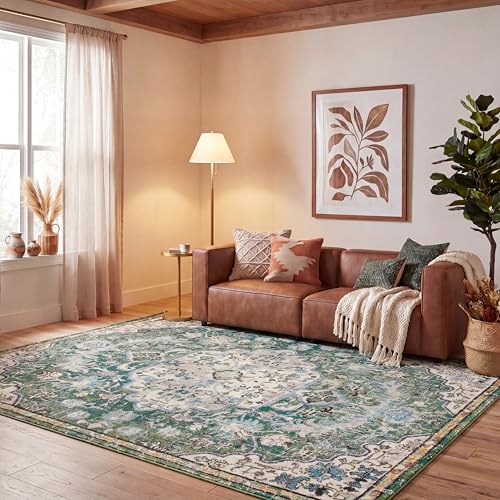 Image of SAFAVIEH Area Rug 8x10 - Madison Collection - Large - Green & Turquoise, Boho Chic Medallion Distressed Design, Non-Shedding & Easy Cleaning, Ideal for Living Room, Bedroom, Dining Space (MAD447Y)