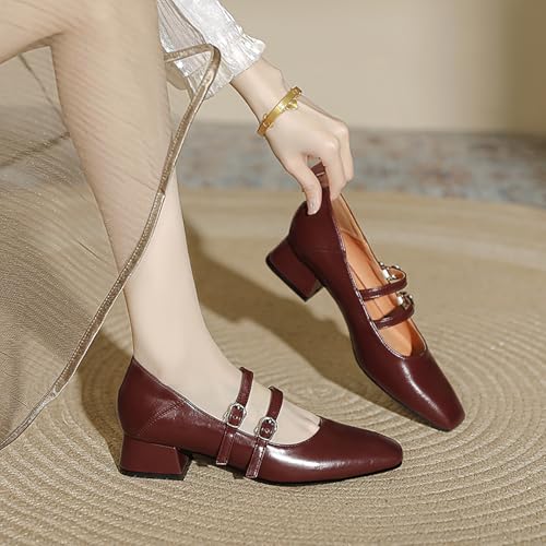 Women's Leather Two Straps Block Heels Mary Jane Shoes Comfort Square Toe Low Heels Pumps Adjustable Buckle Office Work Dressy Shoes4